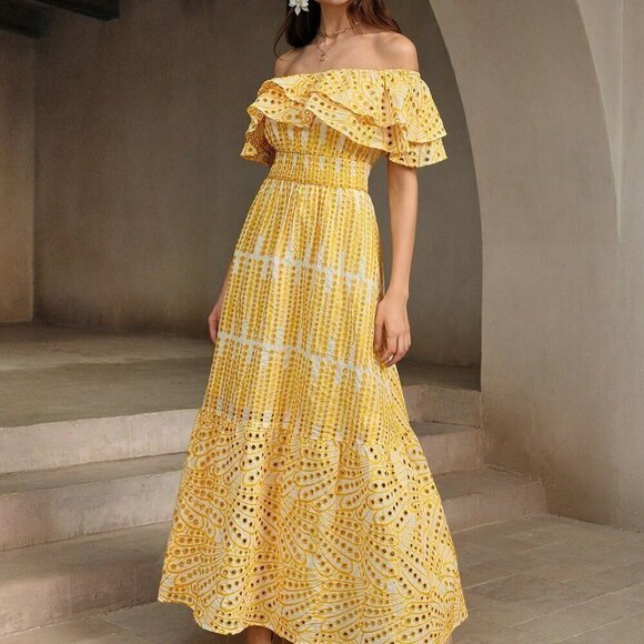 Dresses & Skirts - Yellow Party Women's Light Hollow Out Romantic Strapless Dress